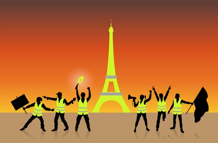 Yellow vests movement in Paris in front of Eiffel Tower. All Shadows and Shadows.のイラスト素材