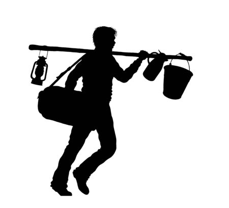 Refugee man silhouette with suitcase and camping tools. The silhouette objects and background are in different layers.のイラスト素材
