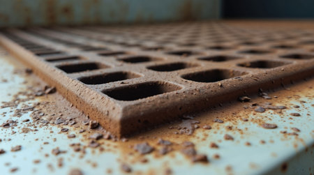 Macro close-up of a rusty metal grate with square holes, heavily corroded and covered in flaking rust particles. Industrial decay texture with aged metal details.の素材