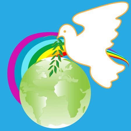 White dove with branch on planet and rainbowのイラスト素材