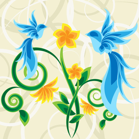 Two blue birds on flowers in magic gardenのイラスト素材