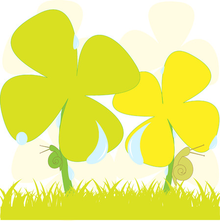 Snails in garden on flowers in dewdropのイラスト素材