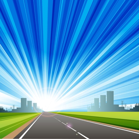 illustration, long road in city under blue skyのイラスト素材