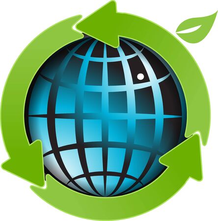 illustration, abstract blue globe with green arrowsのイラスト素材