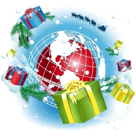 illustration, Santa Claus and gifts around the globeのイラスト素材