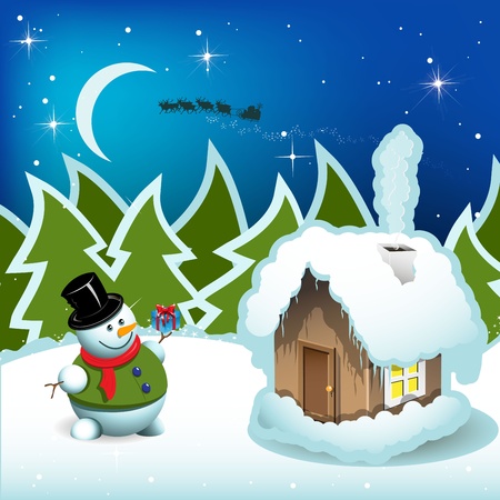 illustration, snowman and house with smoke on background woodのイラスト素材