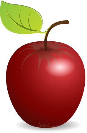 illustration brightly red apple with green sheet on whiteのイラスト素材
