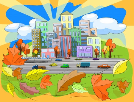 illustration city street in autumn leaf fallのイラスト素材
