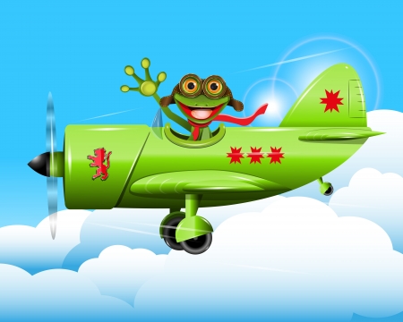 illustration merry green frog pilot in the planeのイラスト素材