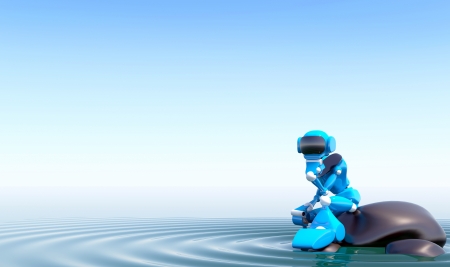 3d illustration robot on a stone in the waterの写真素材