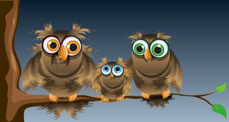 illustration of family owls sitting on a tree branchのイラスト素材