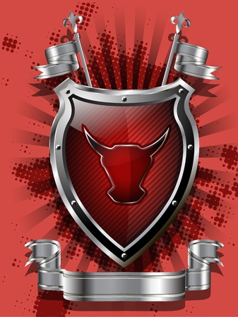 illustration of an abstract metallic shield shield with red bullのイラスト素材