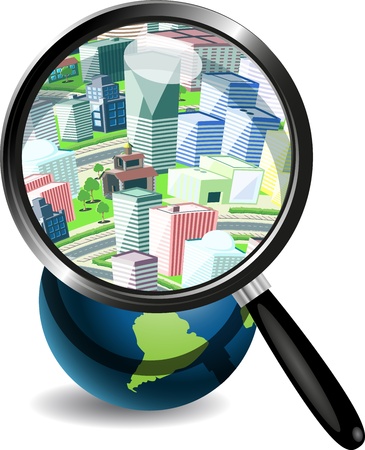 illustration, blue globe under magnifying glass on white backgroundのイラスト素材