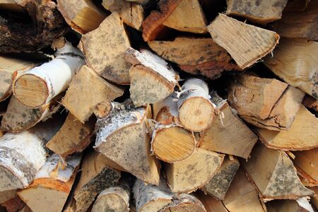 Dry birch firewood stacked in the woodpile