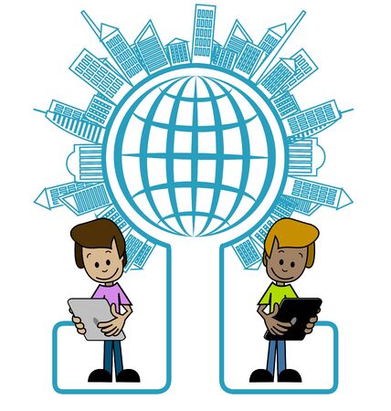 Illustration two of a cartoon man with a tabletのイラスト素材