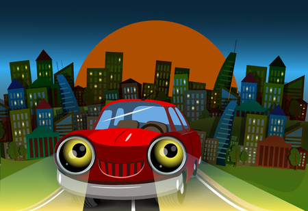 Illustration red car on the road into townのイラスト素材