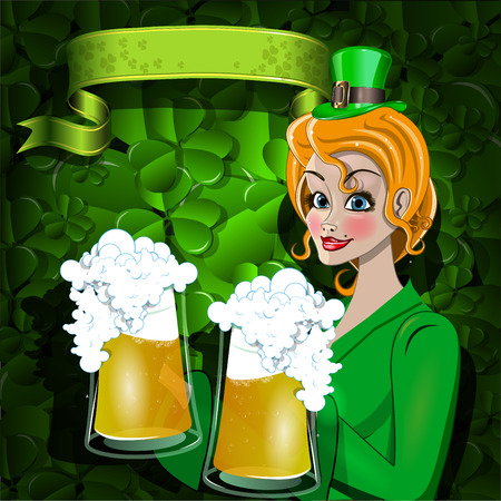 Illustration of a girl with two beer mugsのイラスト素材