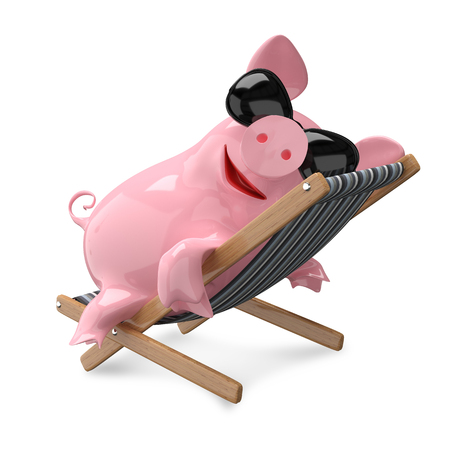 3D Illustration Pig on a Deck Chair on White Backgroundの写真素材