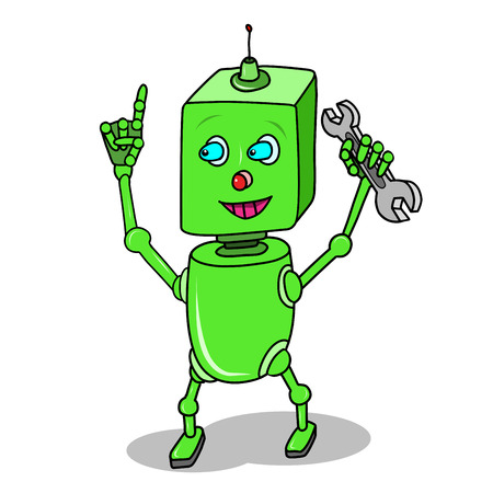 Stock Illustration Green Cartoon Robot with Spanner on a White Backgroundのイラスト素材