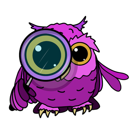 Stock Illustration Owl Looks Through a Magnifying Glass on a White Backgroundのイラスト素材