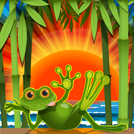 Illustration of Green Frog on Beach on Sunset Backgroundのイラスト素材