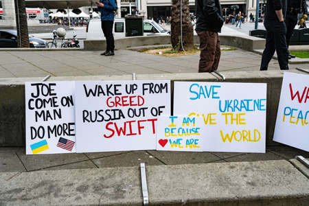 editorial submission of protest against Russian invasion of Ukraine at San Francisco Ferry Terminal...