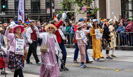 Senior citizens marching as Church Ladies in the San Francisco Gay Pride Parade.のeditorial素材