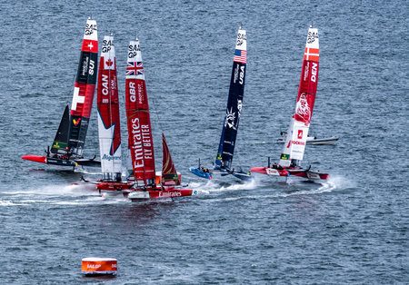 Sailboats competing in the United States Grand Prix sailing race in San Francisco, Californiaの写真素材
