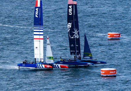 Sailboats competing in the United States Grand Prix sailing race in San Francisco, Californiaの写真素材