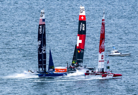 Sailboats competing in the United States Grand Prix sailing race in San Francisco, Californiaの写真素材