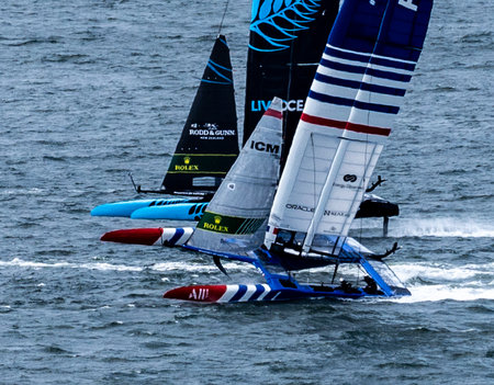 Sailboats competing in the United States Grand Prix sailing race in San Francisco, Californiaの写真素材
