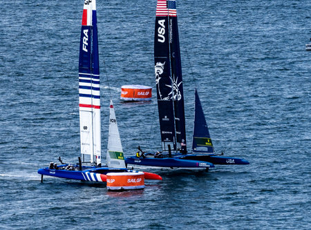 Sailboats competing in the United States Grand Prix sailing race in San Francisco, Californiaの写真素材