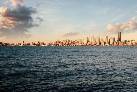 Seattle city skyline from West Seattle looking over Elliot Bayの写真素材
