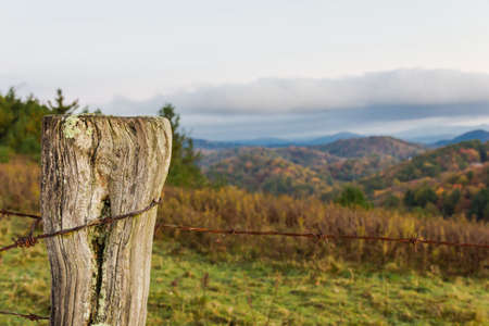 Barbed wire fence on the Blue Ridge Parkway in North Carolina.の写真素材