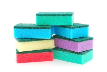 Stacks of sponges on white background.の写真素材