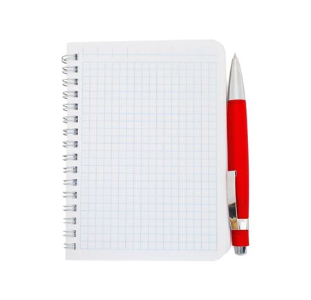 Paper notebook with red pen isolated on white backgroundの写真素材