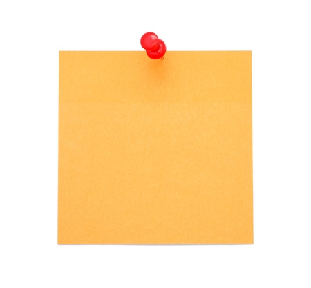 Blank orange post-it note with push pin isolated on white backgroundの写真素材