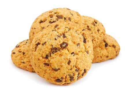 Pile of cookies with chocolate isolated on white backgroundの写真素材