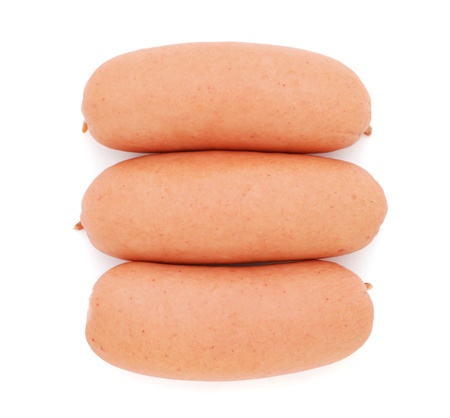 Three small sausages isolated on white backgroundの写真素材