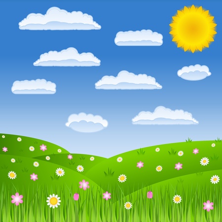 Summer green field and blue sky with cloudsのイラスト素材