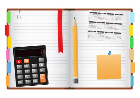 Opened notebook with pencil, calculator, calendar and post-it noteのイラスト素材