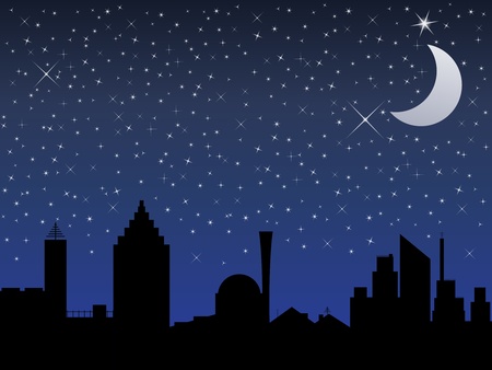 Silhouette of the city and night sky with stars and Moon, vector illustrationのイラスト素材