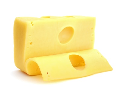 Cheese with slice isolated on white backgroundの写真素材