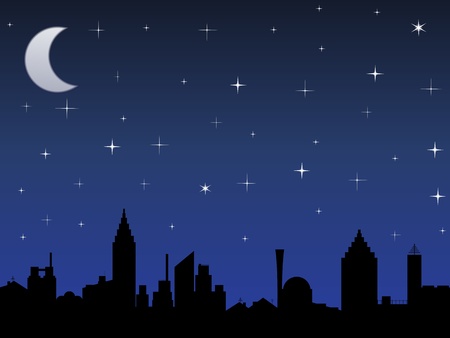Silhouette of the city and night sky with stars and Moonのイラスト素材