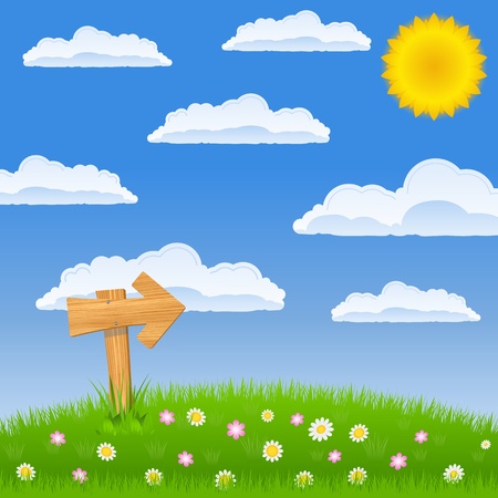 Green field with wooden arrow sign and blue sky with sun and cloudsのイラスト素材