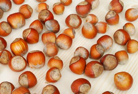 The heap of hazelnuts on the wooden table