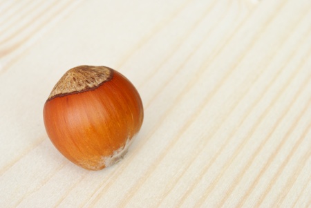 Close-up of a hazelnut on a wooden tableの写真素材