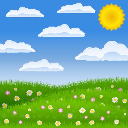 Meadow with green grass and flowersのイラスト素材