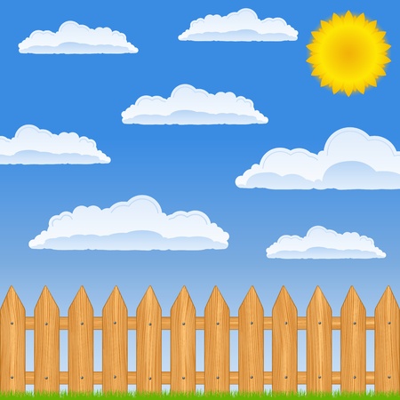Wooden fence and blue sky with sun and cloudsのイラスト素材