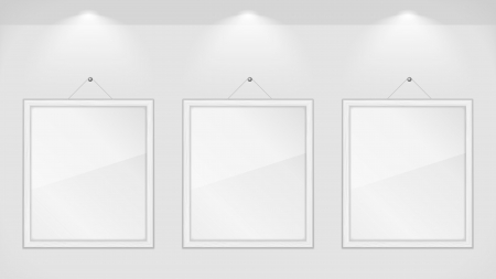 Three white wooden frames on gray wallのイラスト素材